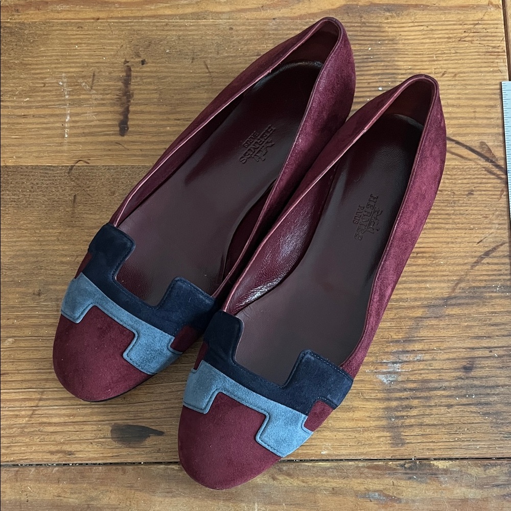 Hermes Burgundy and Navy Flats Sz 7.5